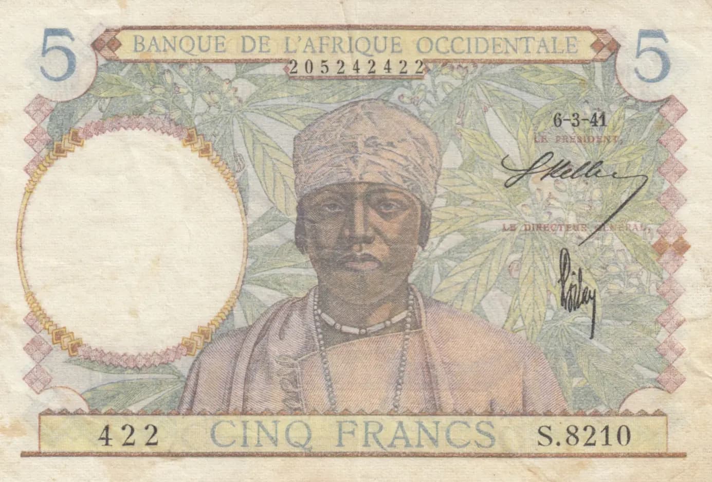 5 francs 1941 from French West Africa, P-25
