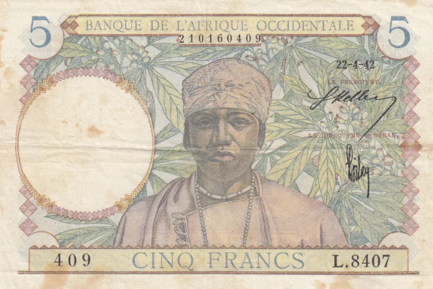 5 francs 1942 from French West Africa, P-25
