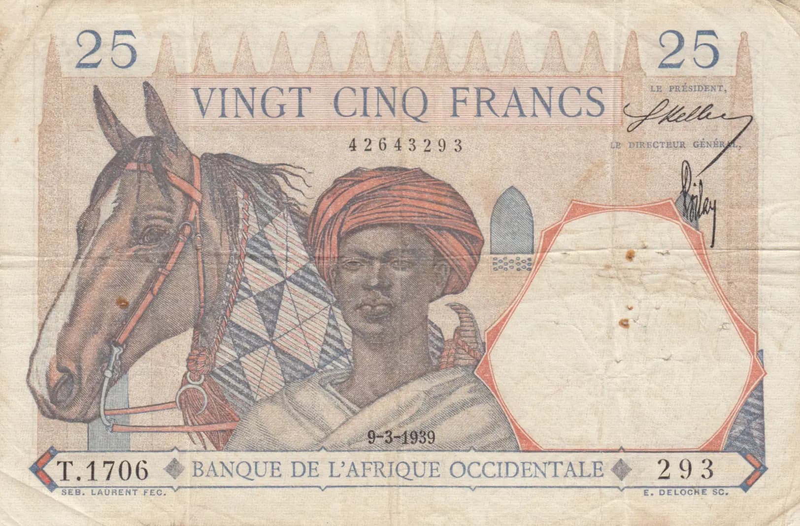 25 francs 1939 from French West Africa, P-22