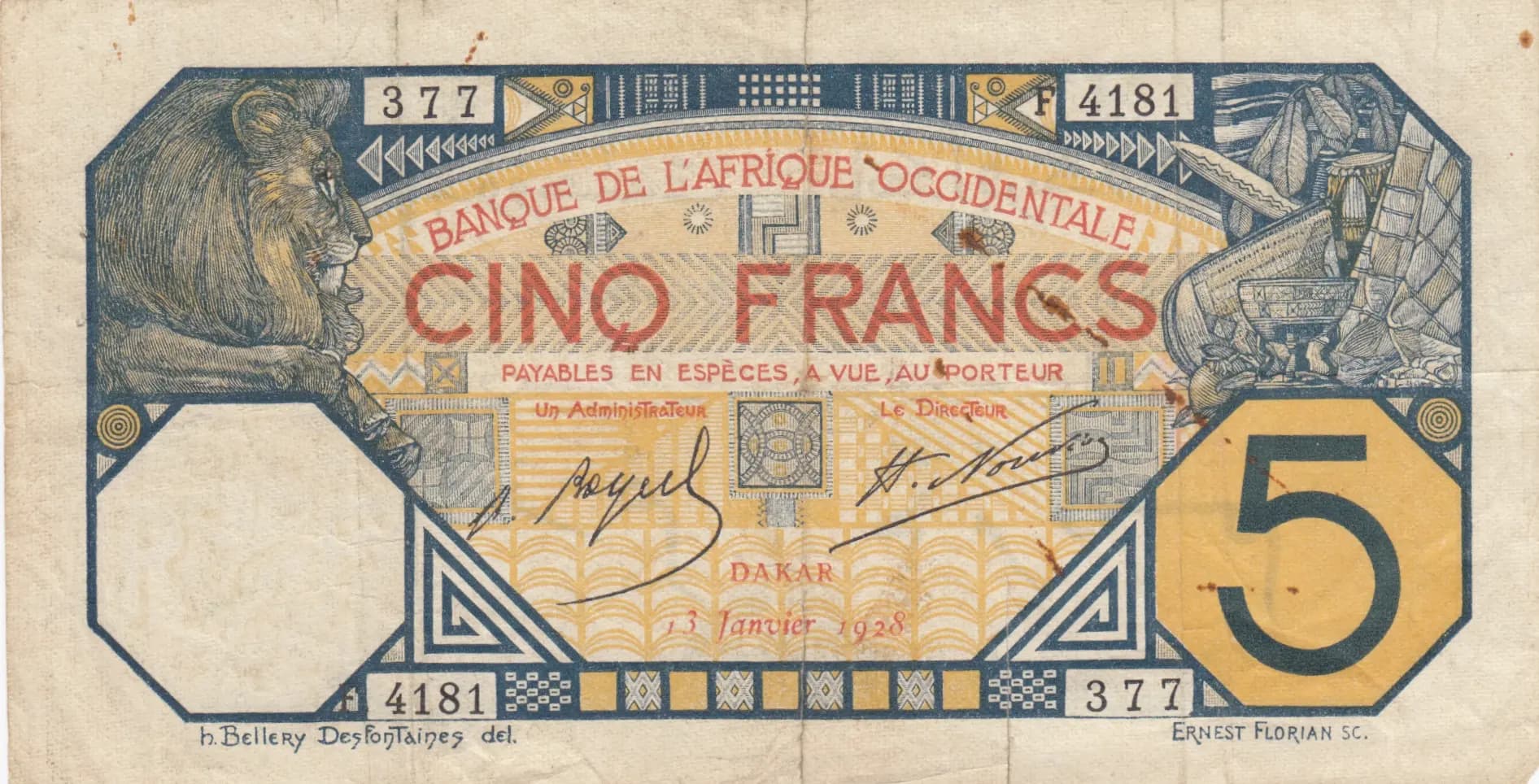 5 francs 1928 from French West Africa, P-5Be