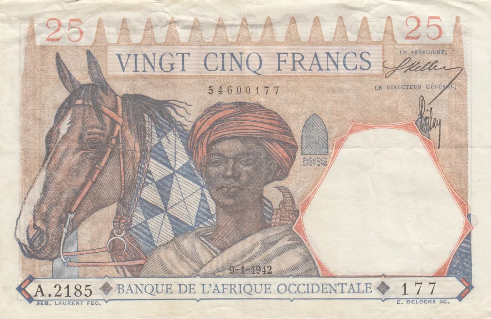 25 francs 1942 from French West Africa, P-27