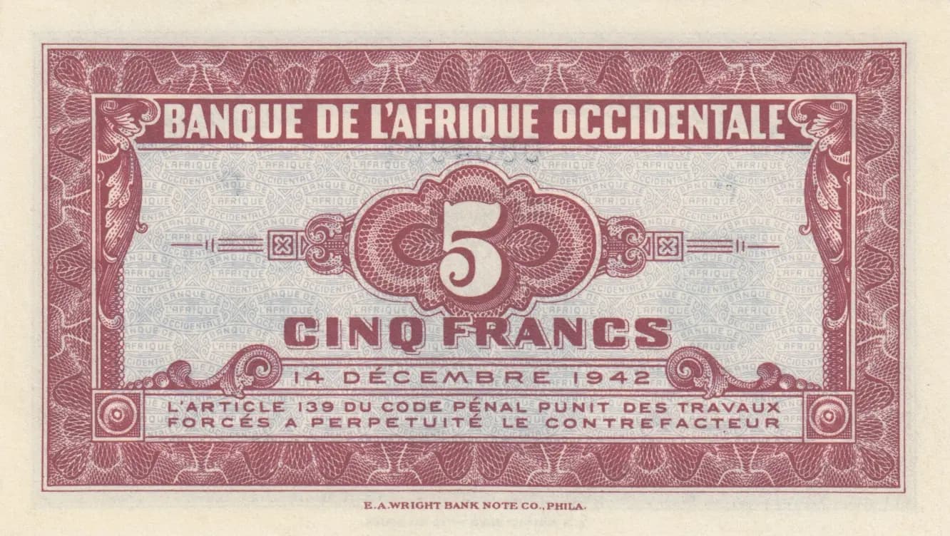 5 francs 1942 from French West Africa, P-28a(1) (1942) — image 2