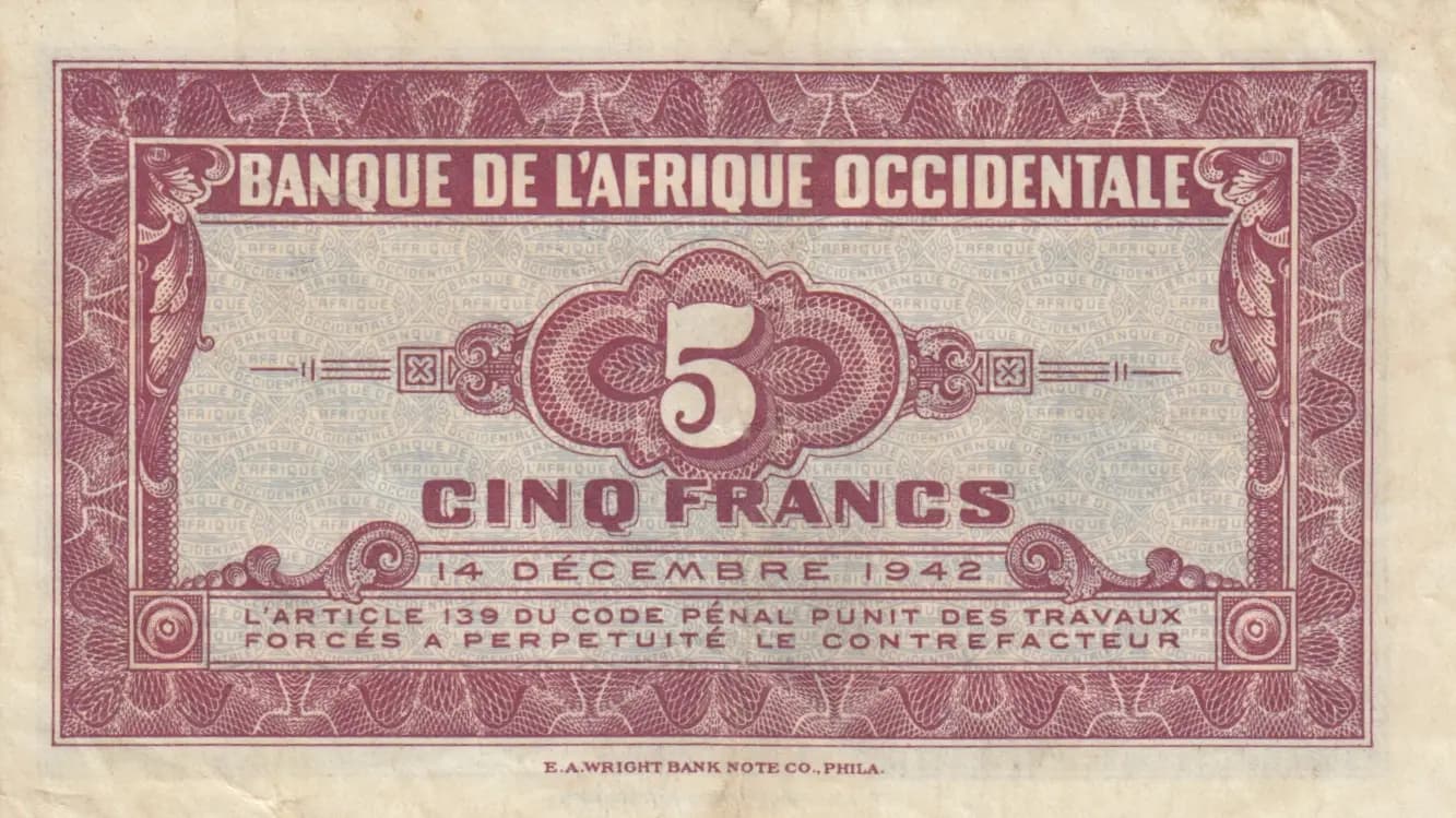 5 francs 1942 from French West Africa, P-28b (1942) — image 2