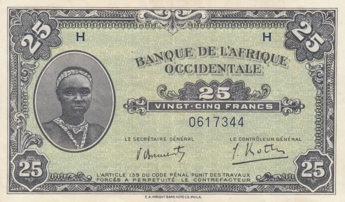 25 francs 1942 from French West Africa, P-30a (1942) — image 1