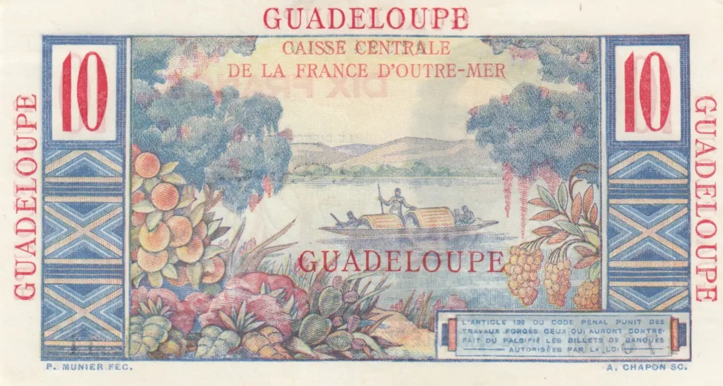 10 francs 1947 from Guadeloupe, P-32 (1947) — image 2