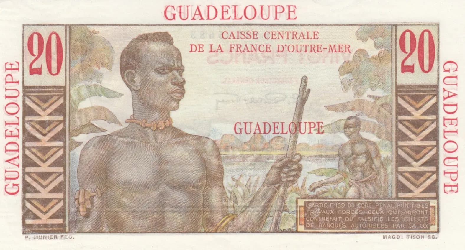 20 francs 1947 from Guadeloupe, P-33 (1947) — image 2
