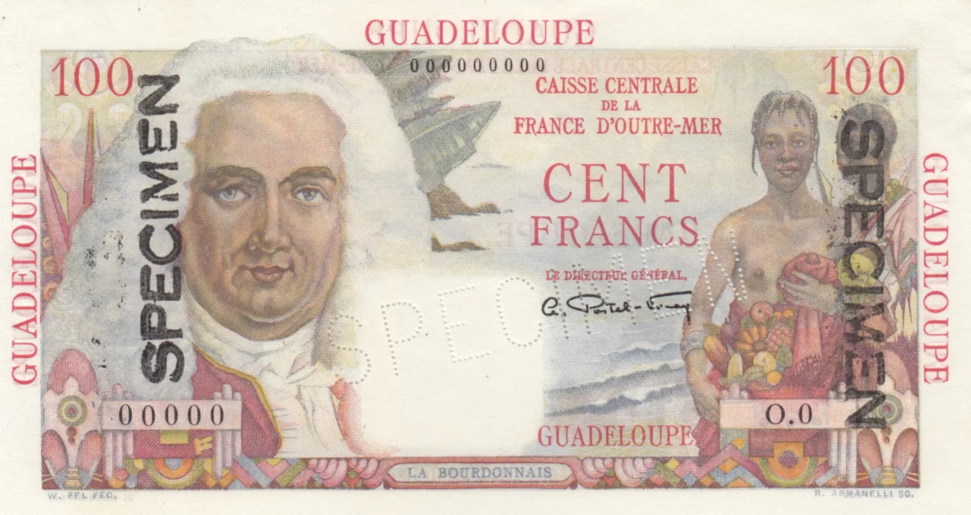 100 francs 1947 specimen from Guadeloupe, P-35s