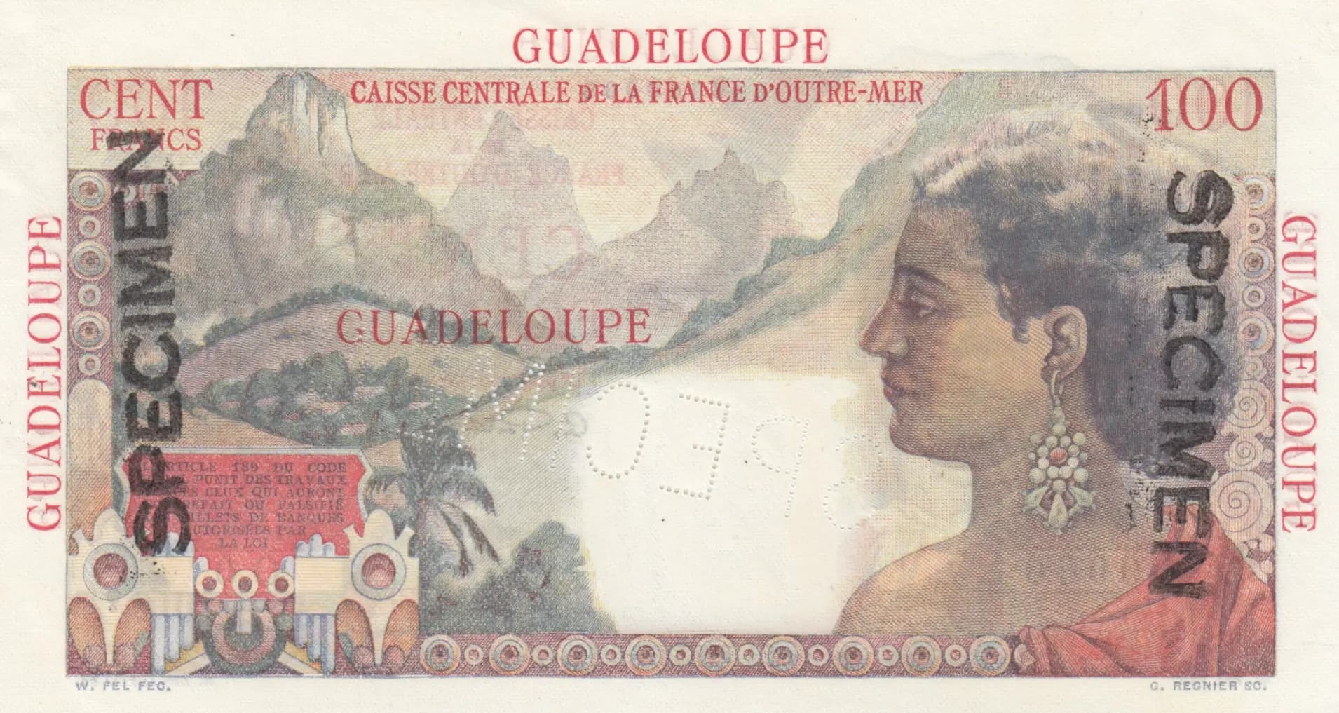 100 francs 1947 specimen from Guadeloupe, P-35s (1947) — image 2