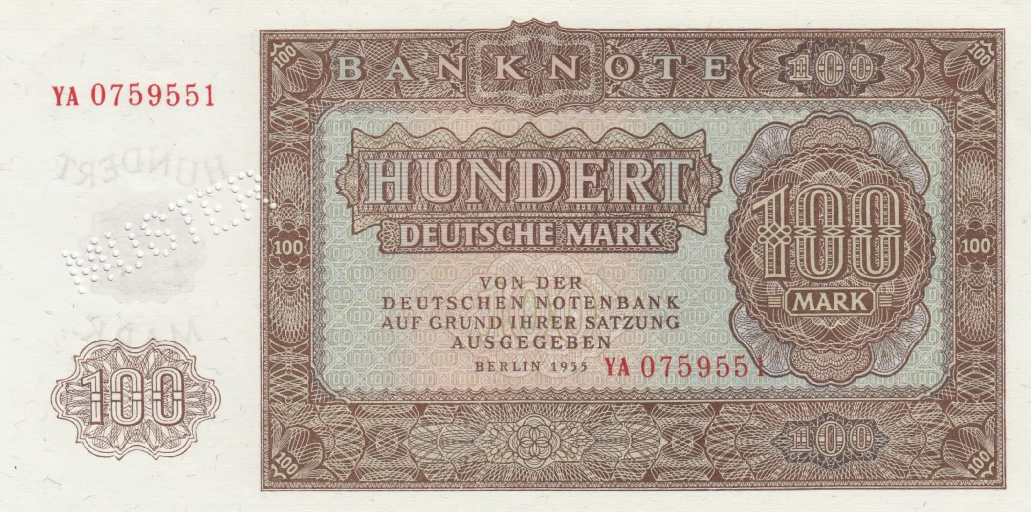 100 mark 1955 specimen from Germany, Democratic Republic, P-21s