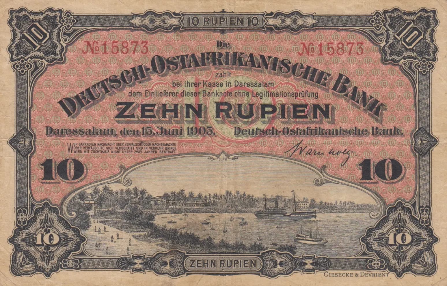 10 rupien 1905 from German  East Africa, P-2 (1905) — image 1