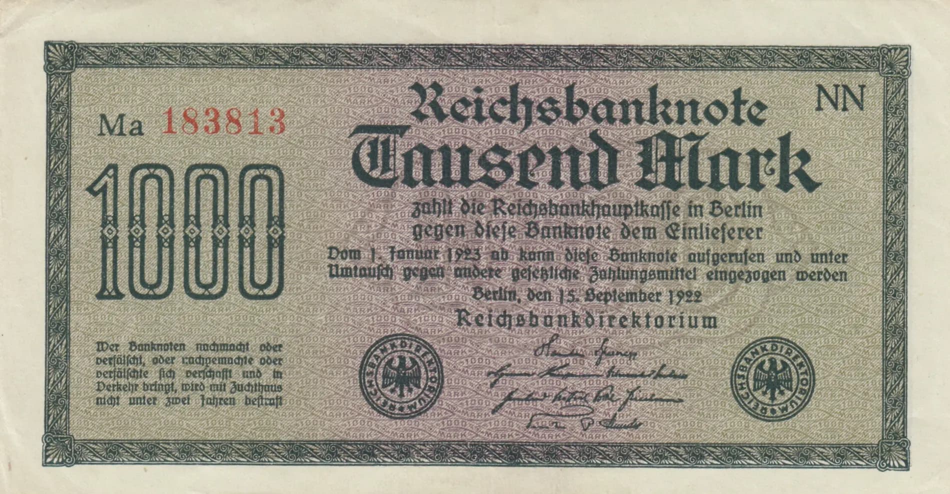 1000 mark 1922 from Germany , P-76g (1922) — image 1