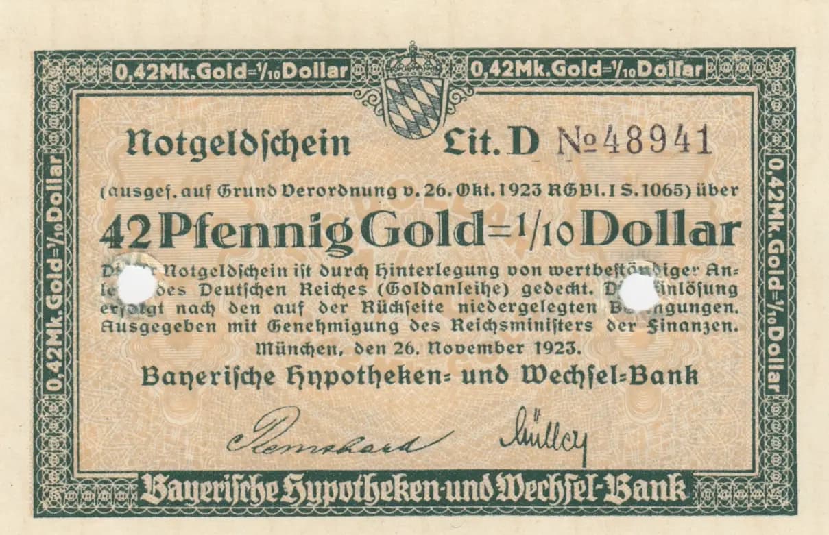 42 pfennig gold= 1/10 dollar 1923 from Germany, P-unlisted (1923) — image 1