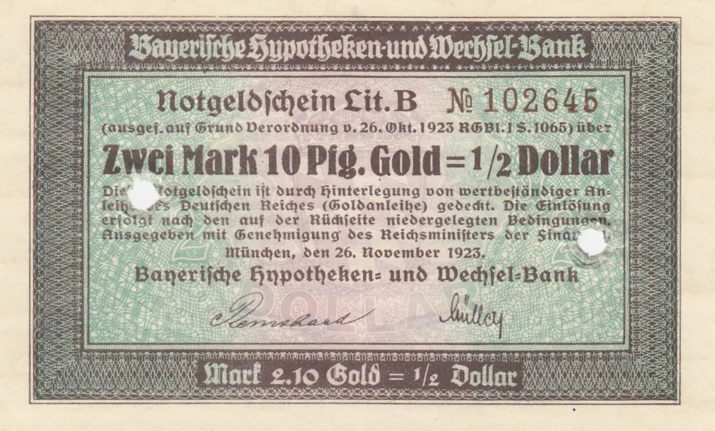 2 mark 10 pfennig gold= 1/2 dollar 1923 from Germany, P-unlisted (1923) — image 1