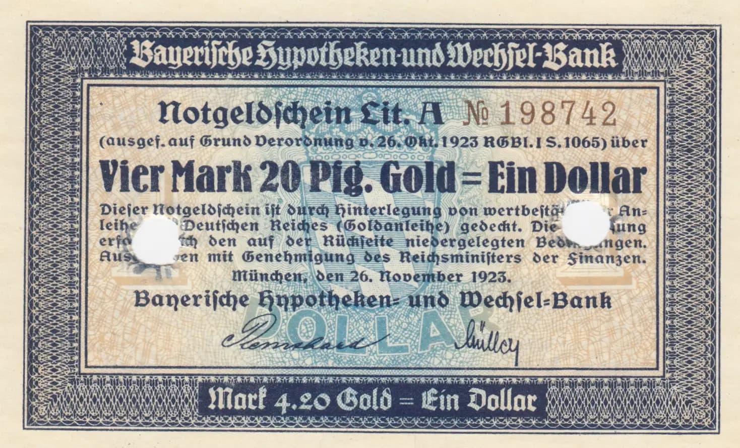 4 mark 20 pfennig gold= 1 dollar 1923 from Germany, P-unlisted (1923) — image 1