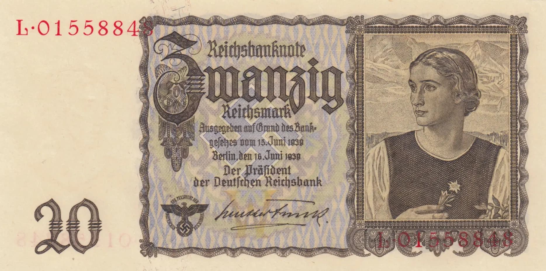 20 reichsmark 1939 from Germany, P-185