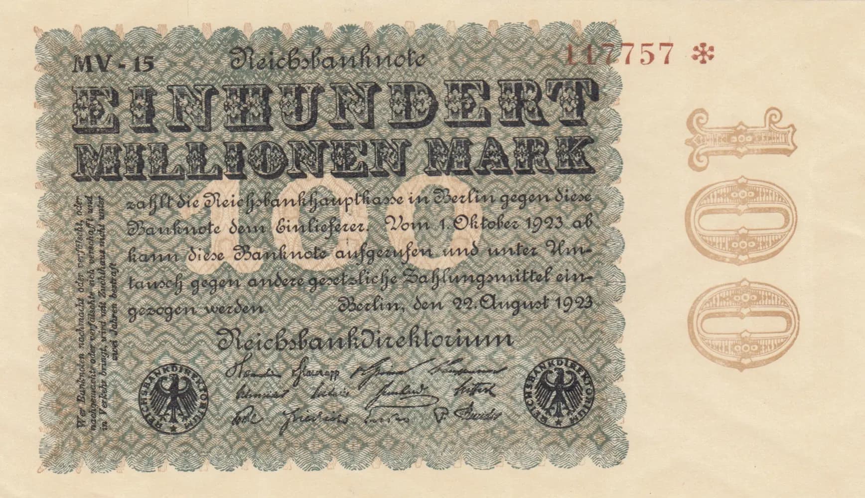 100 000 000 mark 1923 from Germany , P-107d