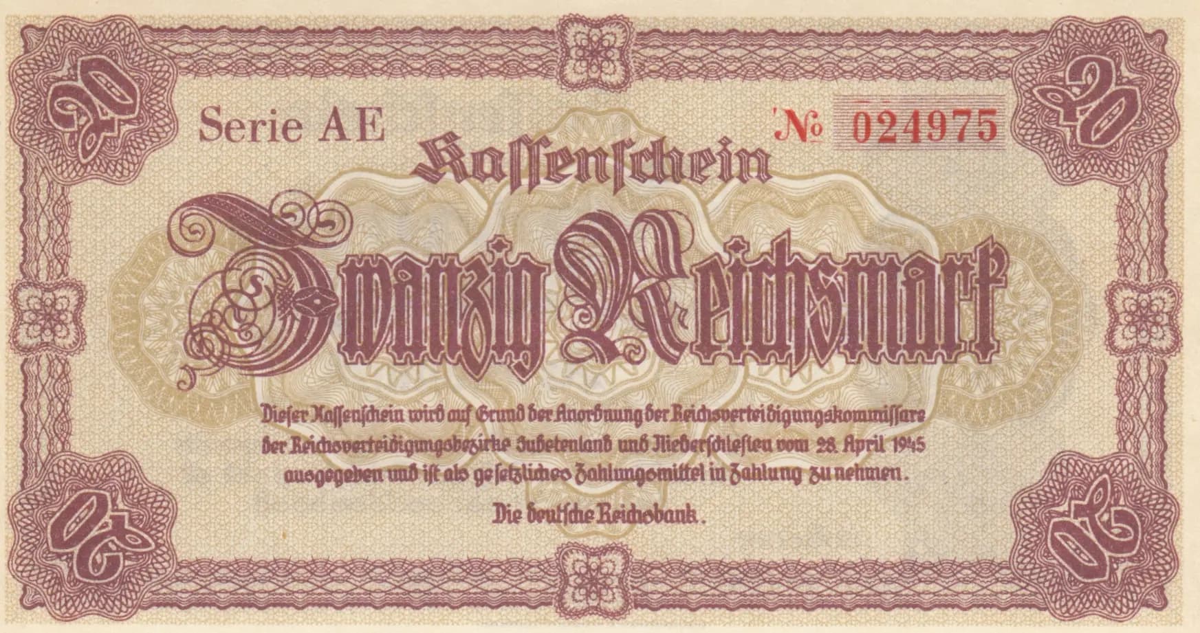 20 reichsmark 1945 from Germany, P-187