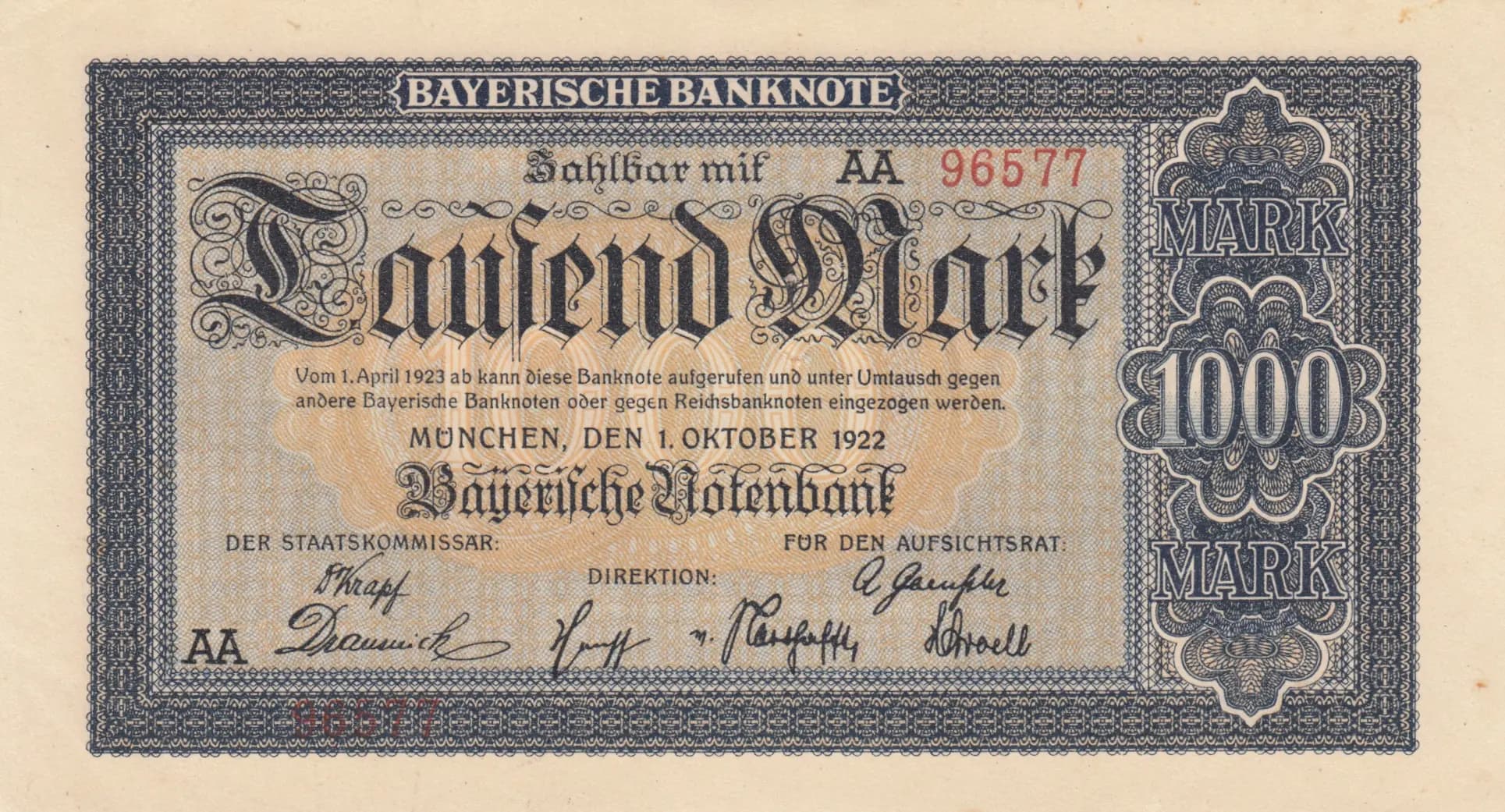 1000 mark 1922 from Germany, P-S924 (1922) — image 1