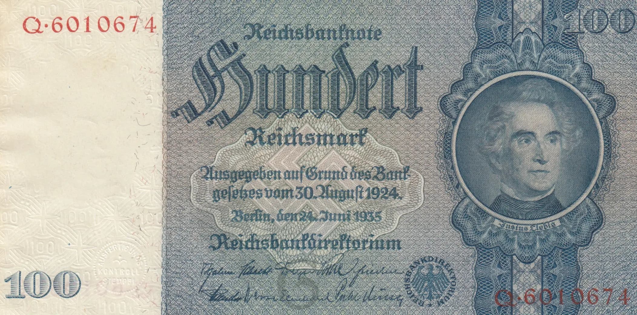 100 reichsmark 1935 from Germany, P-183a