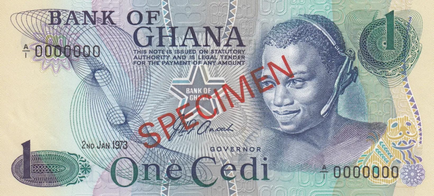1 cedi 1973 specimen from Ghana, P-13as