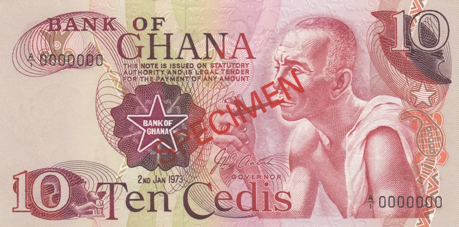 10 cedis 1973 specimen from Ghana, P-16as