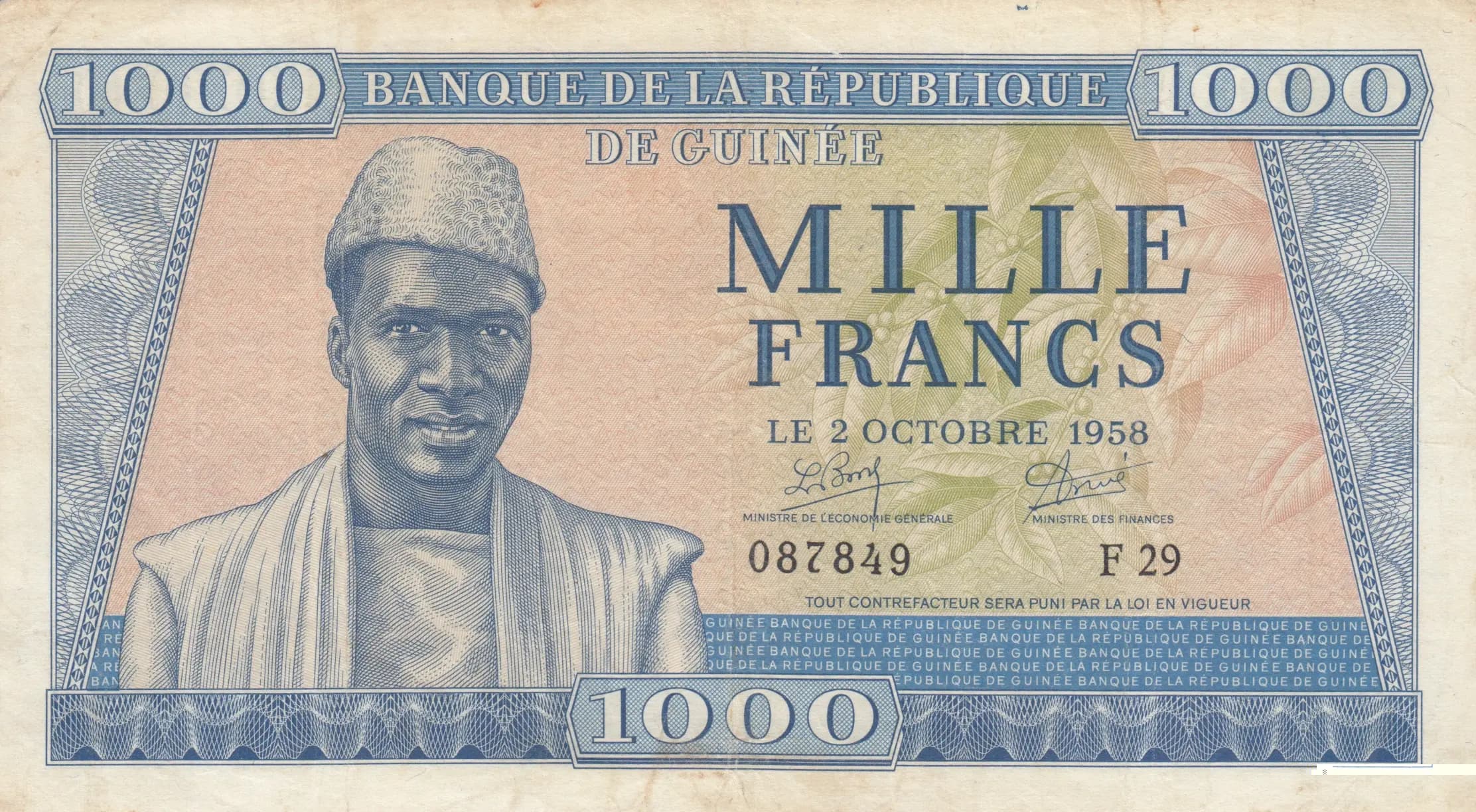 1000 francs 1958 from Guinea, P-9