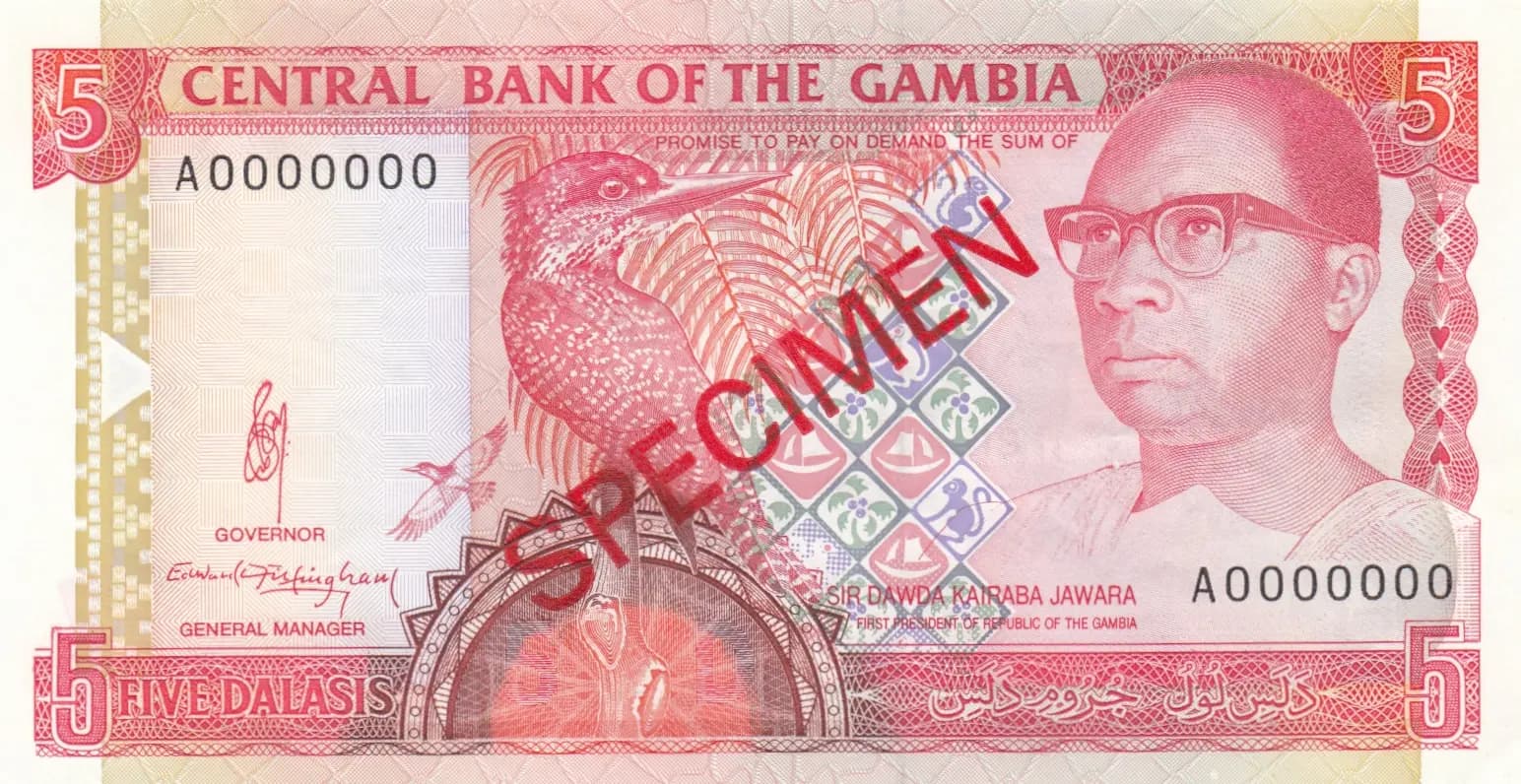 5 dalasi 1991 specimen from Gambia, P-12as