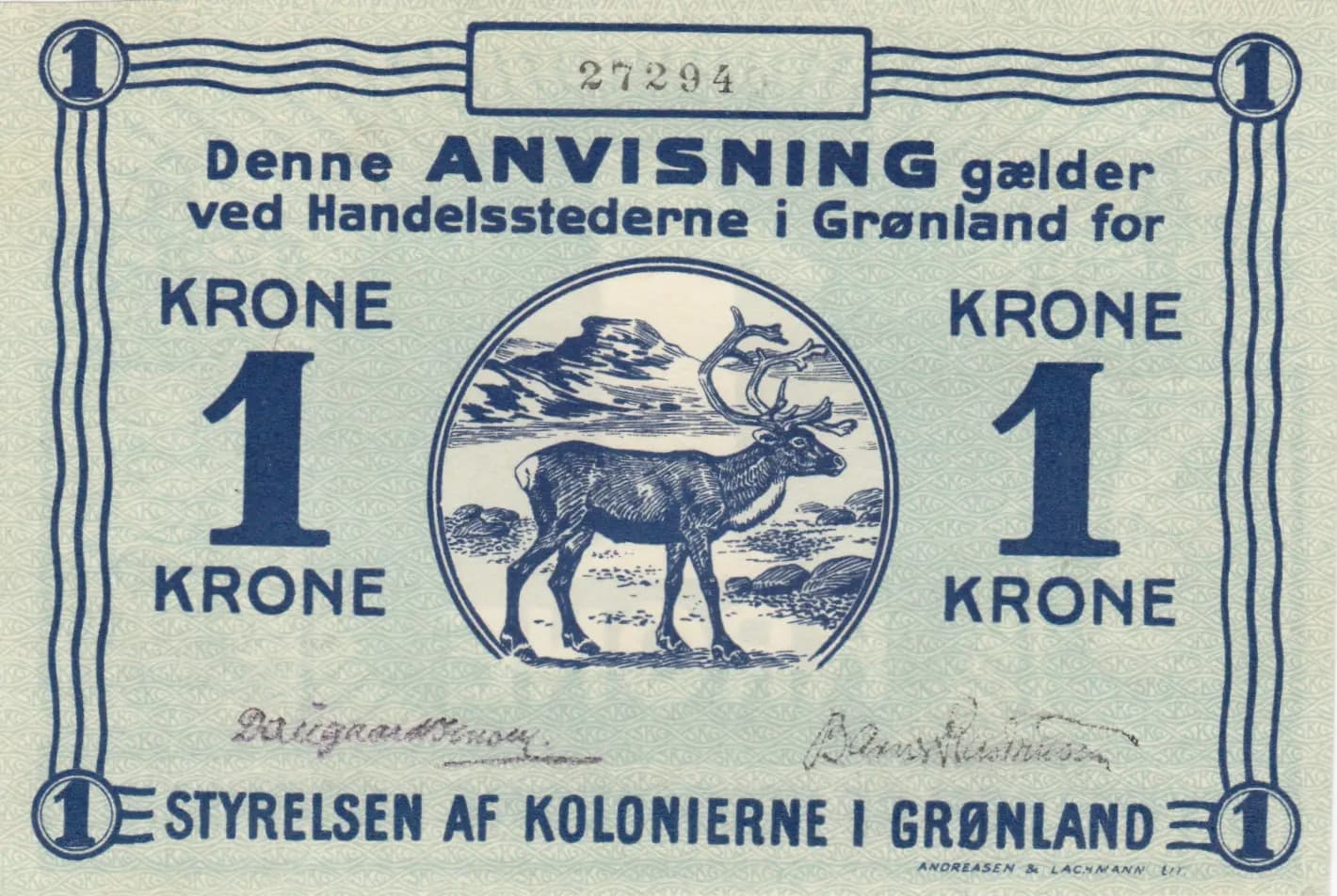 1 krone 1913 from Greenland, P-13d