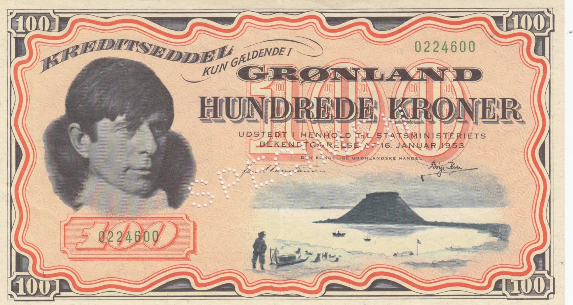 100 kroner 1953 specimen from Greenland, P-21cs (1953) — image 1