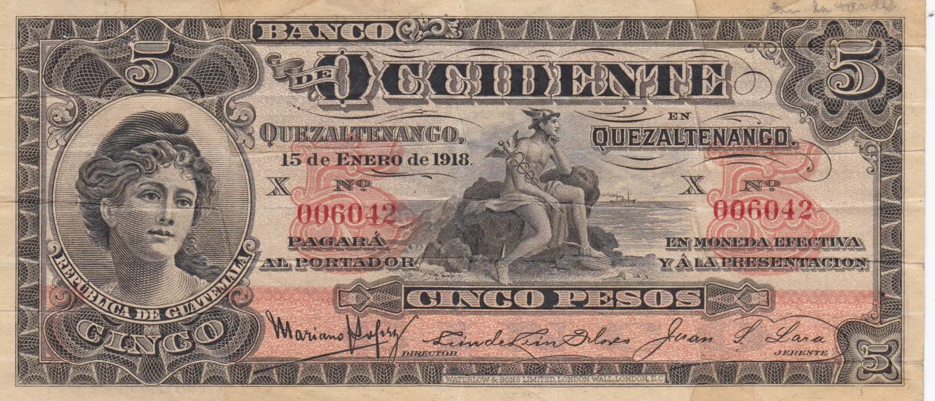 5 pesos 1918 from Guatemala, P-S177 (1918) — image 1