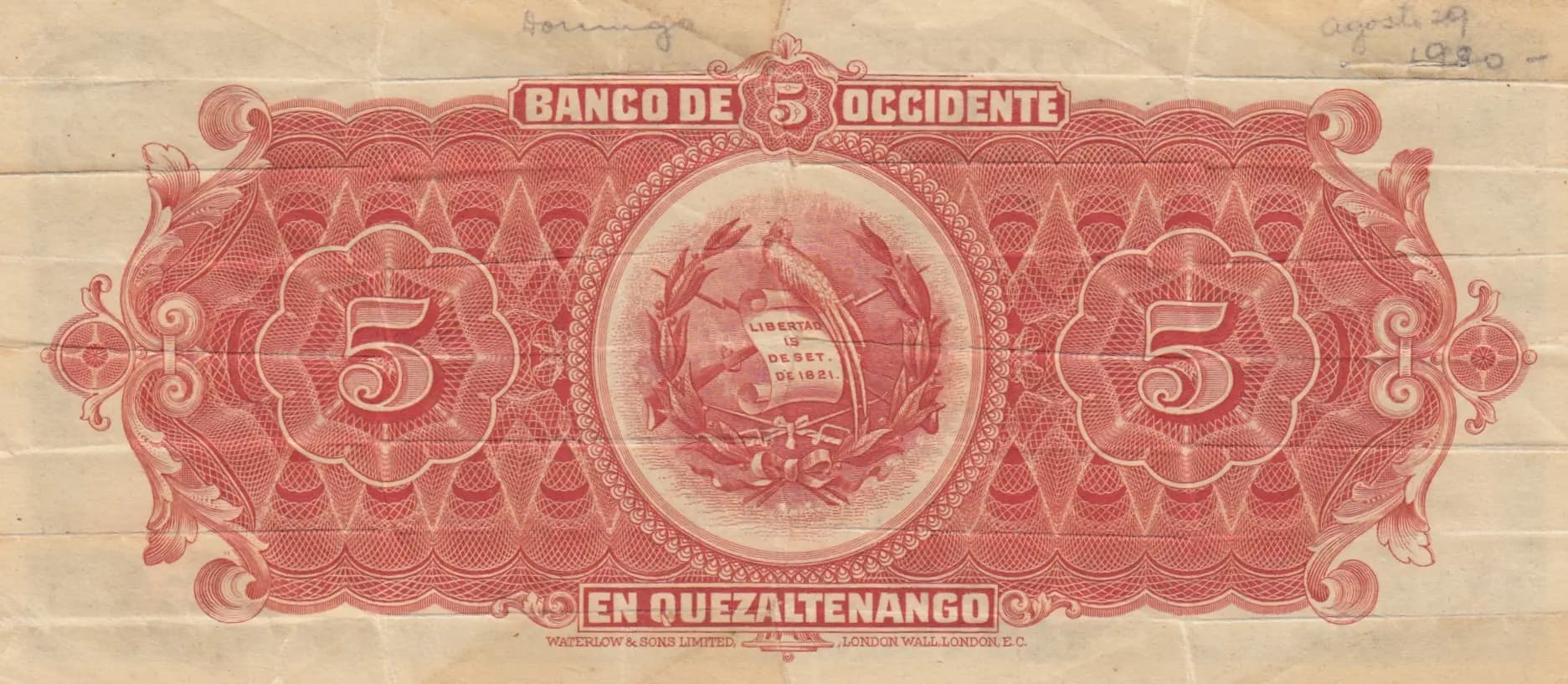 5 pesos 1918 from Guatemala, P-S177 (1918) — image 2