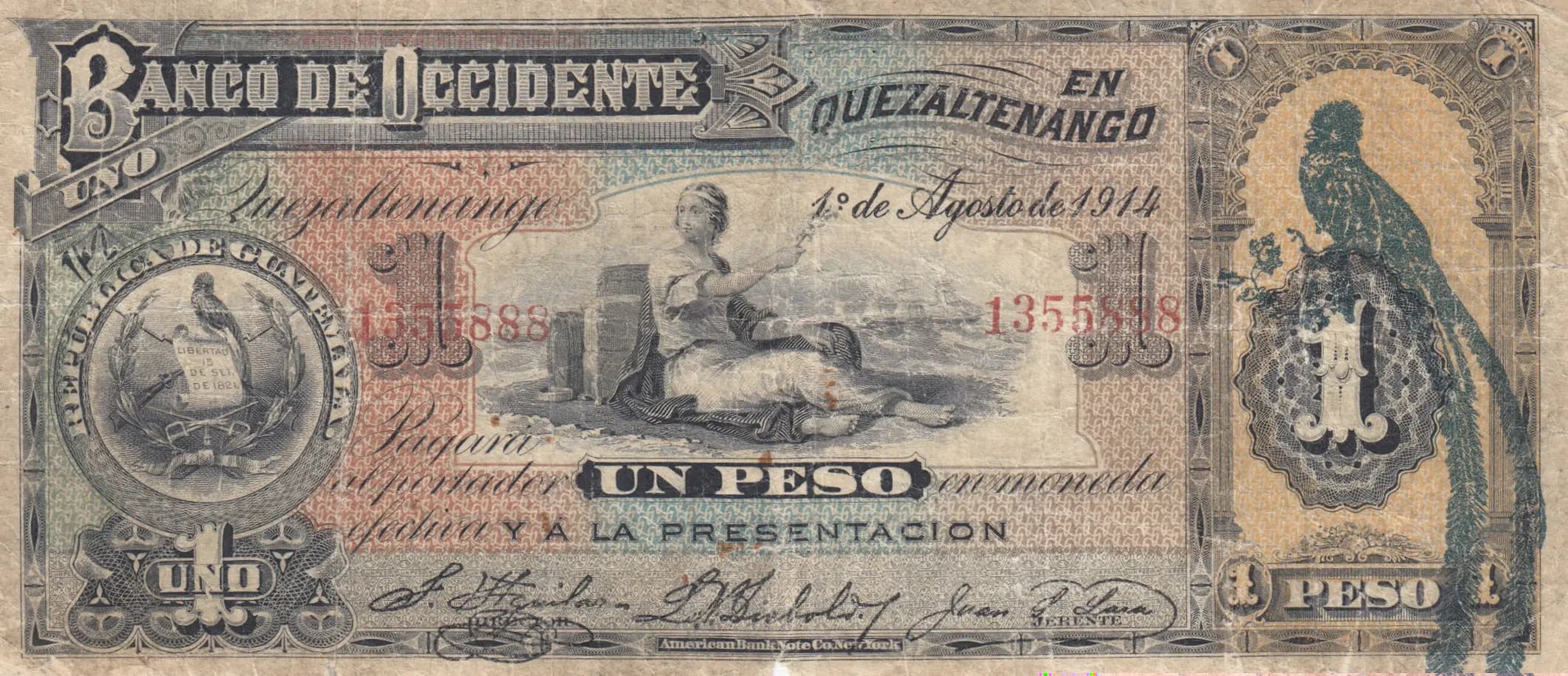 1 peso 1914 from Guatemala, P-S173c