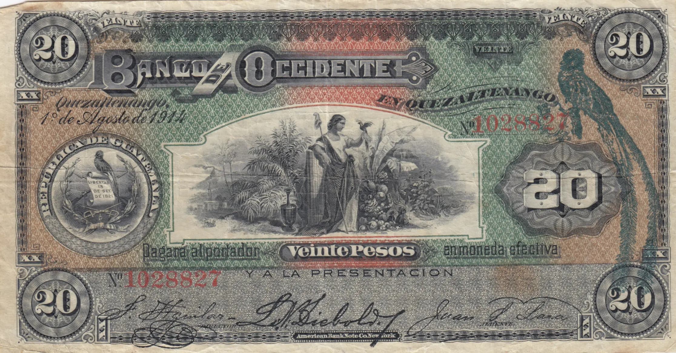 20 pesos 1914 from Guatemala, P-S179 (1914) — image 1