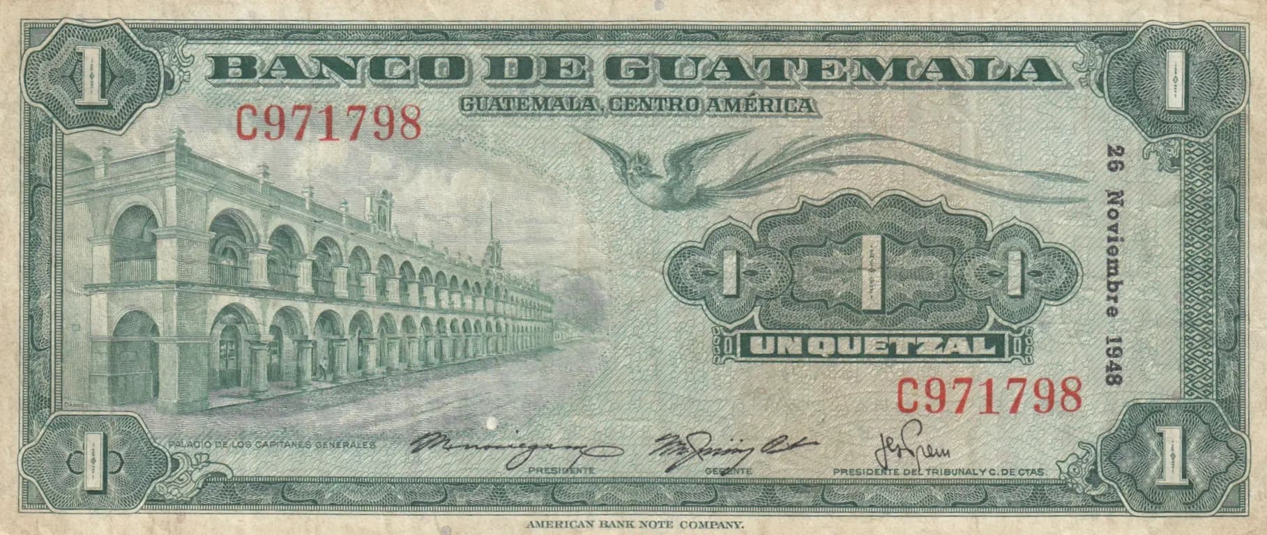 1 quetzal 1948 from Guatemala, P-24a