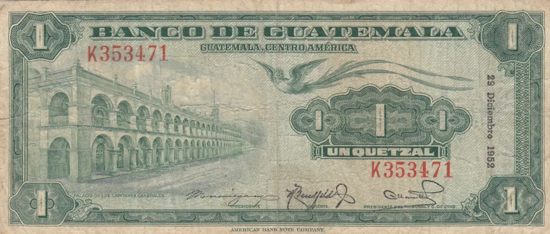 1 quetzal 1952 from Guatemala, P-24a