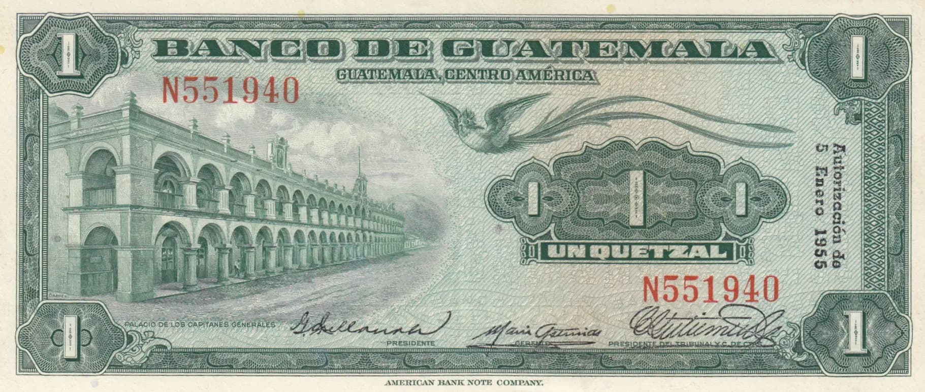 1 quetzal 1955 from Guatemala, P-24b (1955) — image 1