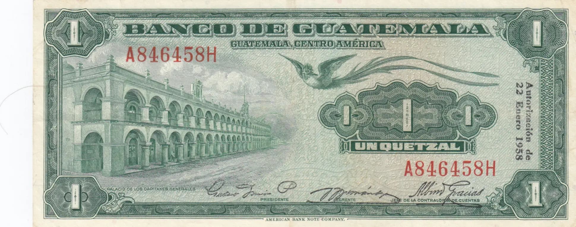 1 quetzal 1958 from Guatemala, P-36b (1958) — image 1