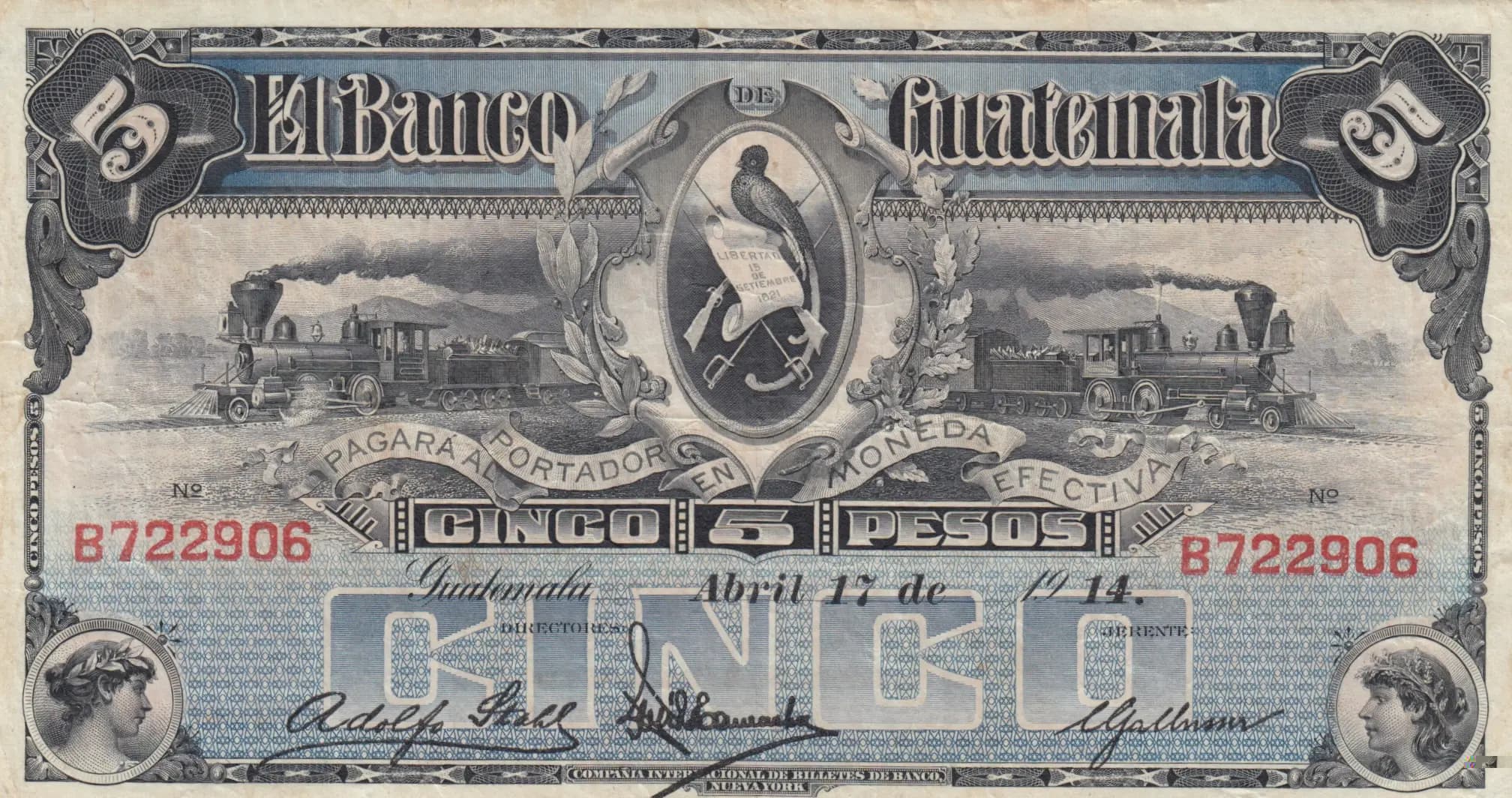 5 pesos 1914 from Guatemala, P-S143c