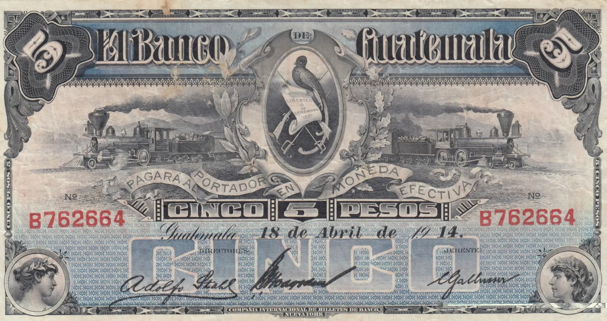 5 pesos 1914 from Guatemala, P-S143c