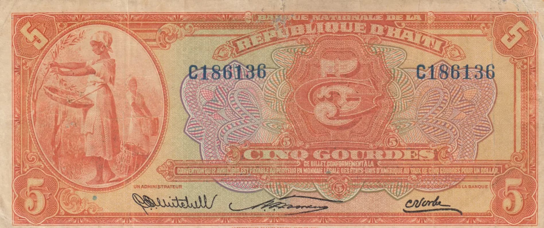 5 gourdes 1925 from Haiti, P-162 (1925) — image 1
