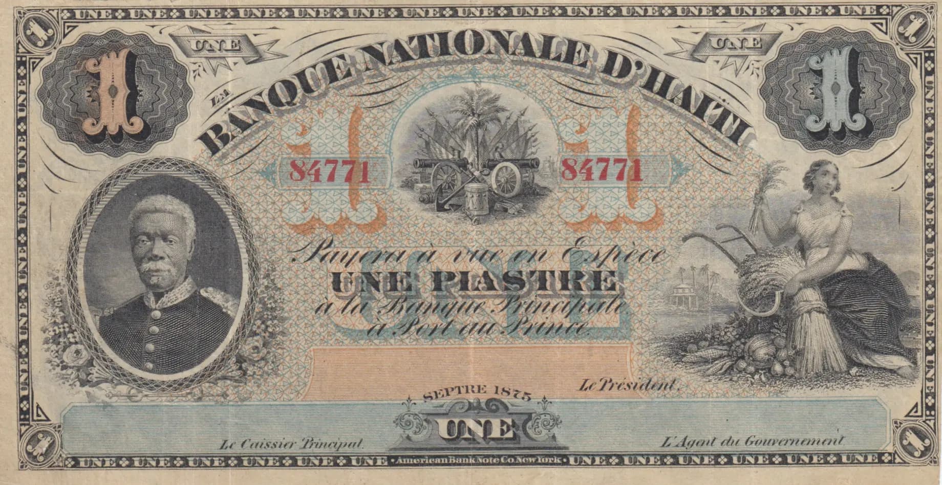 1 piastre 1875 from Haiti, P-70