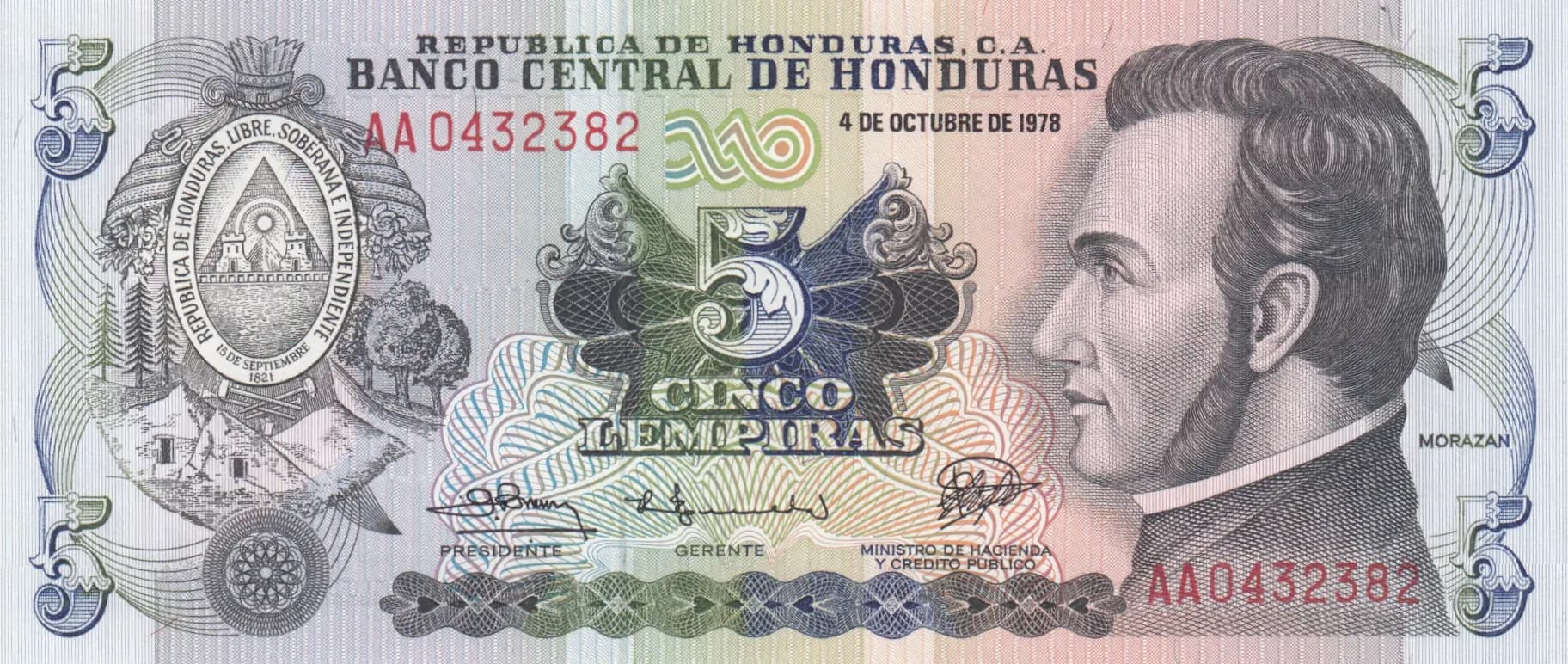 5 lempira 1978 from Honduras, P-63a (1978) — image 1
