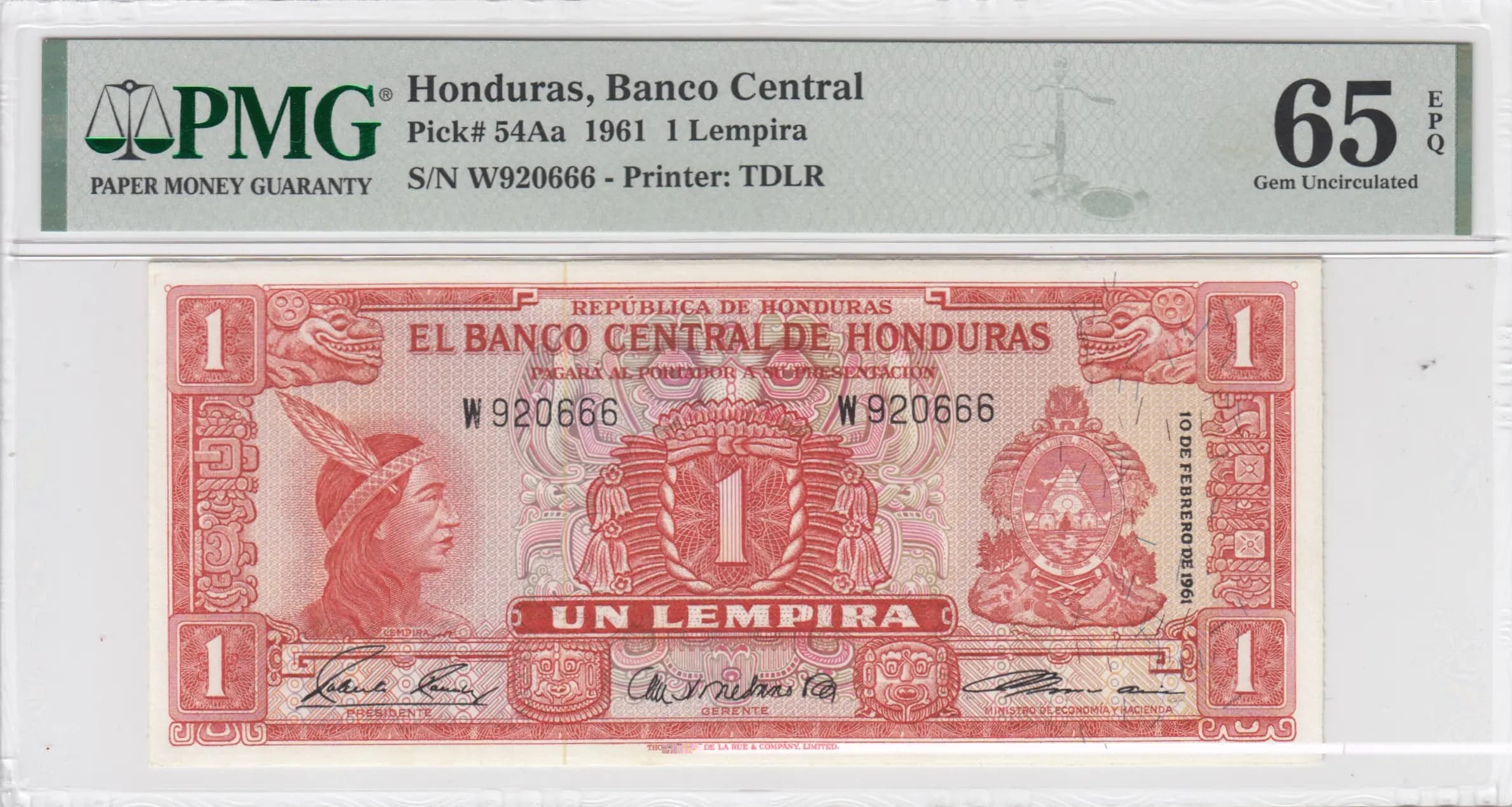 1 lempira 1961 from Honduras, P-54Aa