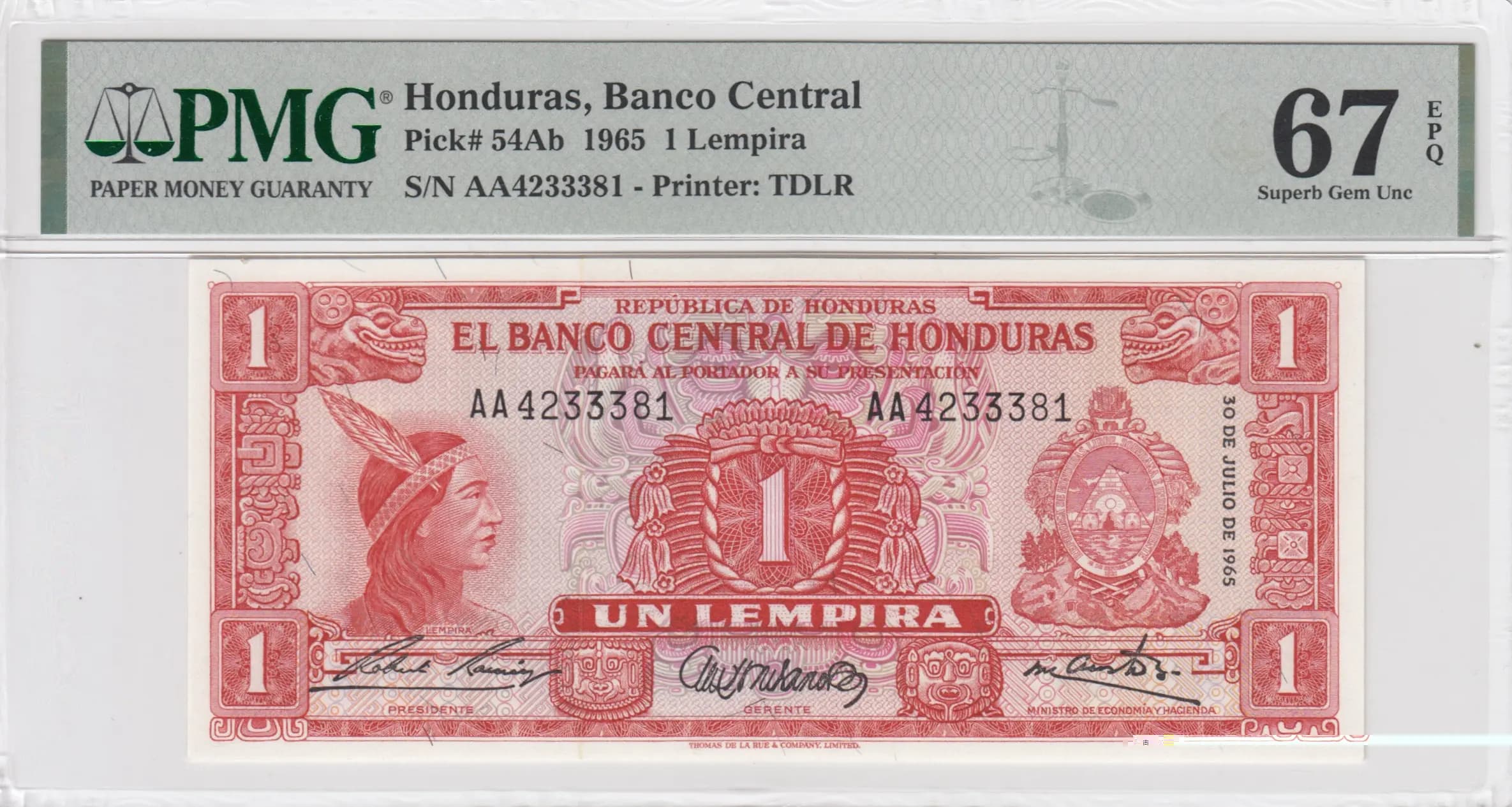 1 lempira 1965 from Honduras, P-54Ab