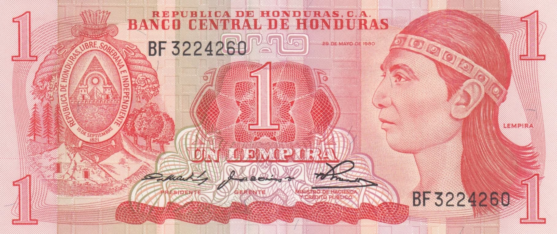 1 lempira 1980 from Honduras, P-68a (1980) — image 1