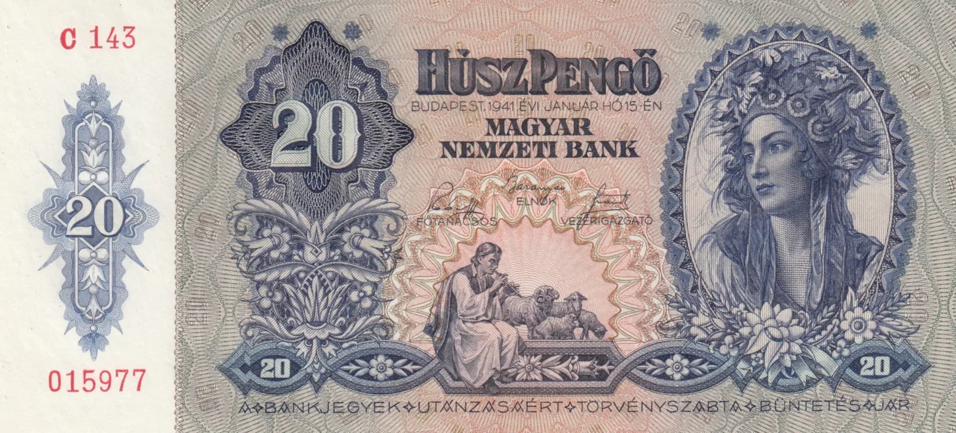 20 pengö 1941 from Hungary, P-109 (1941) — image 1