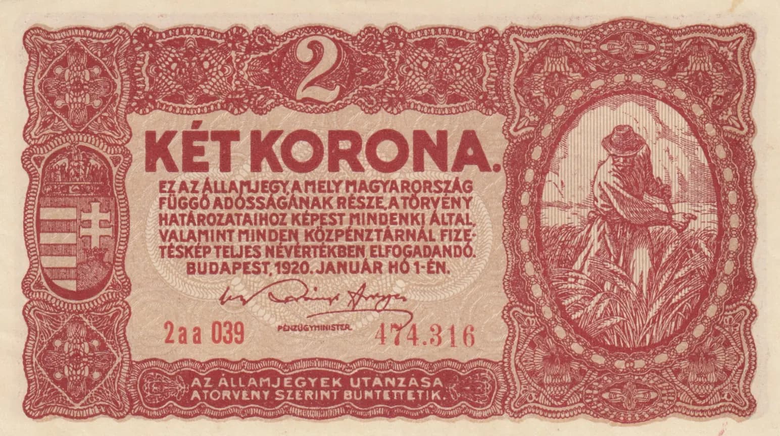 2 korona 1920 from Hungary, P-58(1) (1920) — image 1