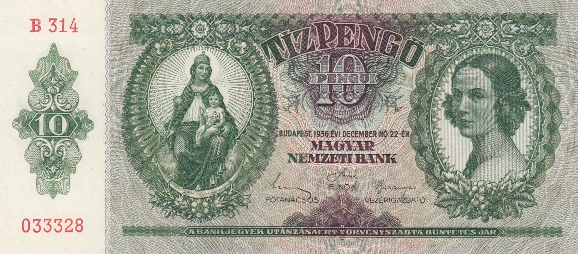 10 pengö 1936 from Hungary, P-100 (1936) — image 1