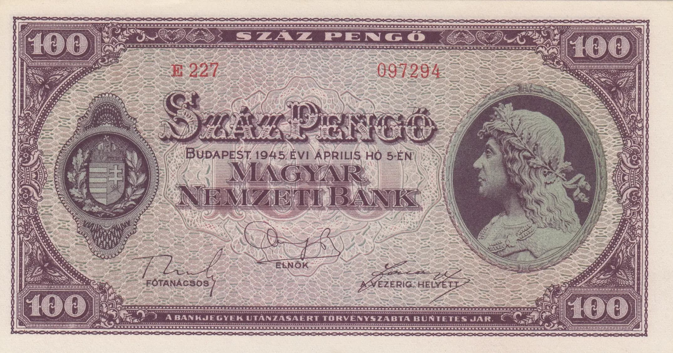 100 pengö 1945 from Hungary, P-111