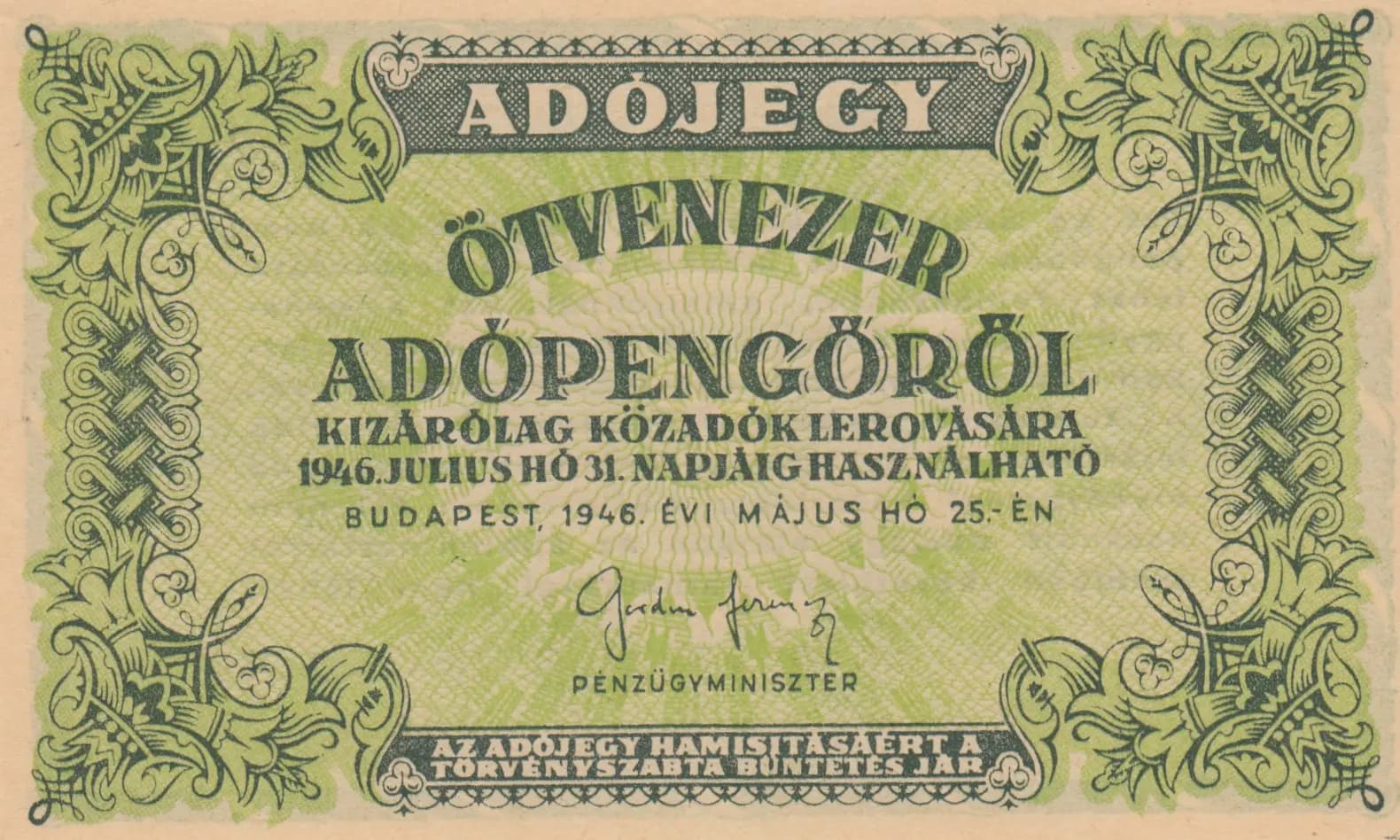 50 000 adopengö 1946 from Hungary, P-138b
